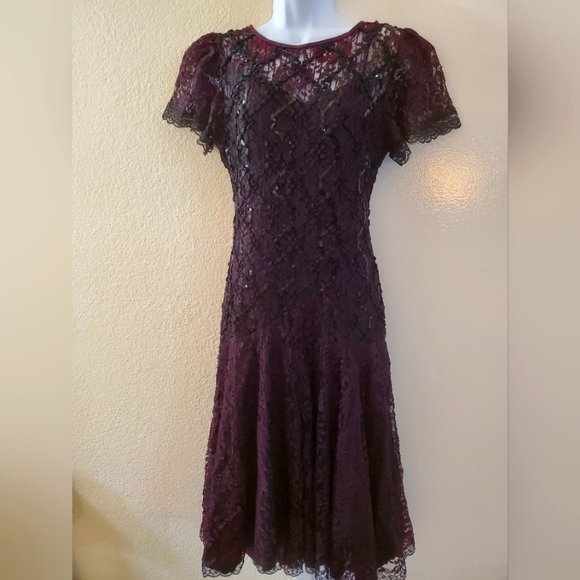Vintage 1980s Goth Lace Sequined Tiered Dress - Picture 1 of 11